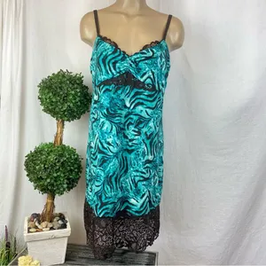 Josie Natori Blue & Brown Print Sleeveless Slip Sleep Dress L thumbnail 2