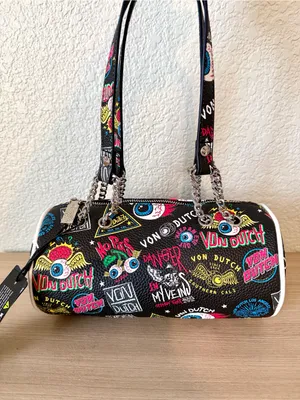 Von Dutch Black Graphic Barrel Crossbody Bag with Multicolor Patches thumbnail 3