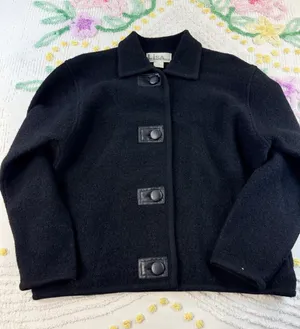 Lisa International Womens vtg Black 100% Boiled‎ Wool Button Front blazer M thumbnail 1