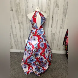 Dear Moon Floral Halter Maxi Dress Red Blue Size 3 XS/S thumbnail 4
