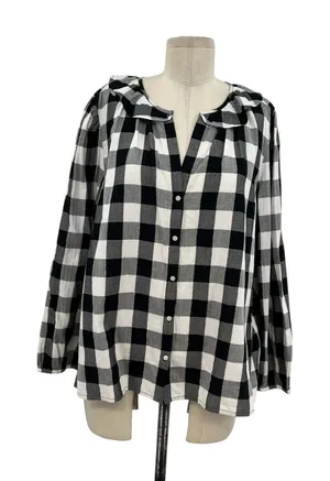 J. Crew Open Ruffle V-neck Button-up Shirt Gingham Plaid Check Black White‎ XL thumbnail 1