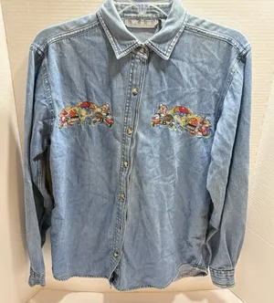 Vintage Way To Go Blue Denim Button Down Women’s S Embroidered Shirt Cottagecore thumbnail 1