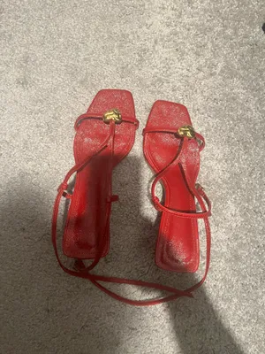 Red strappy kitten heels with gold heart thumbnail 2