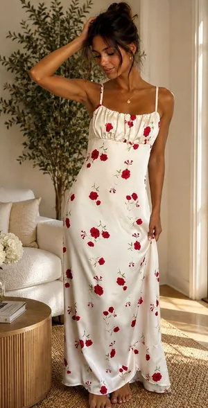 Thirty/Thirty Floral Satin Maxi Dress Ivory Red Size XL NWT thumbnail 1