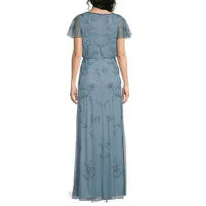 Adrianna Papell Boat Neck Short Flutter Sleeve Beaded Blouson Long Dress Size‎ 4 thumbnail 3