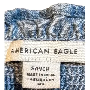 American Eagle Smocked Denim Peplum‎ Top Womens Small Blue Embroidered Babydoll thumbnail 7