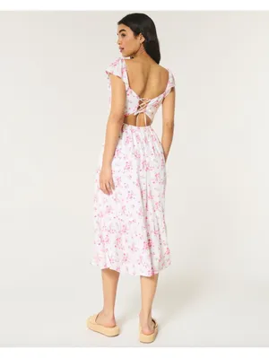(C143) Hollister Pink White Floral Midi Dress XXL Petite V-Neck Flutter Sleeve thumbnail 2