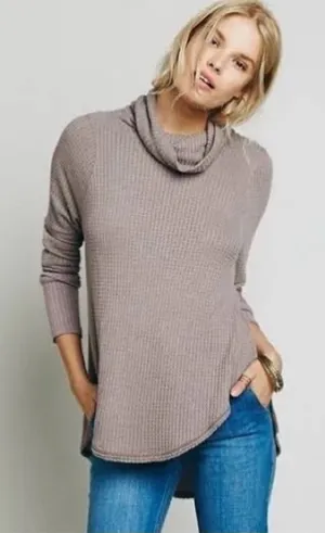 FREE PEOPLE Kristina Drippy Striped Thermal Waffle knit Long Sleeve Cowlneck Top thumbnail 1