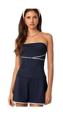 Edikted Navy Blue Strapless Athletic Dress thumbnail 1