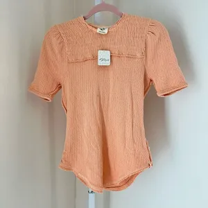 NWT Free People Womens Size Small Orange Knitted Seam T-shirt Peach Crew‎ Neck thumbnail 3