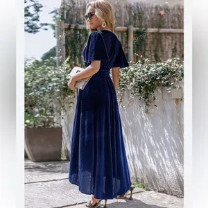 Simplee Small Butterfly Sleeve Wrap‎ Navy Blue Velvet Maxi Dress Tie Front thumbnail 5