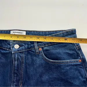 Reformation Lydia High Rise Denim Mini Skirt dark wash blue 32 thumbnail 5