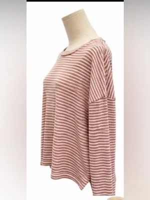 Madewell Striped Long Sleeve Knit Top Mauve Ivory Cotton Blend Size Medium Relax thumbnail 2