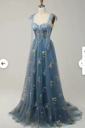 Prom Dress Blue With Embroidered Flowers thumbnail 2
