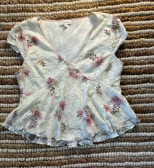 White Lace Floral Print Baby Doll style Flowy Top thumbnail 1