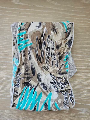 Vintage 80s Abstract Brushstroke Oblong Scarf Turquoise Tan Brown Black 7x80​ thumbnail 3