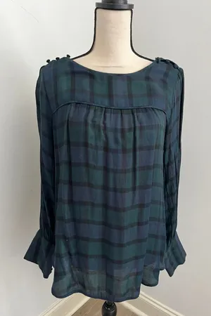 Loft Tartan Plaid Long Sleeve Blouse Medium Green Navy Blue Holiday Preppy Academia thumbnail 1