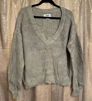PINK Victorias Secret Sweater Olive Green Fall Knit V Neck Medium thumbnail 1