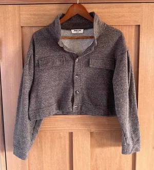 Double Zero Cropped Button Up Long Sleeve Shacket Sweater Heathered Brown Large thumbnail 1
