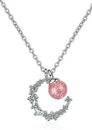 925 crescent strawberry crystal necklace women's high-end light luxury 2023 new style peach blossom clavicle chain ins lettering thumbnail 2
