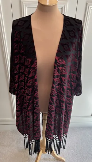 ASTR Velvet Burnout Fringe Cardigan Kimono Western Aztec Burgundy Black Gypsy thumbnail 1