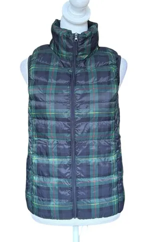 UNIQLO Ultra Light Down Puffer Vest Navy Blue Green Plaid Womens Small thumbnail 1