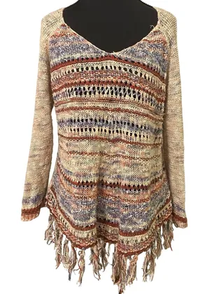 American Rag Fringe Knit Poncho Sweater Ramie Cotton Boho Western Festival LG thumbnail 1