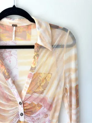 Free People Lucky Shirtee Light Combo Sheer Mesh Button Front Floral Patchwork thumbnail 4