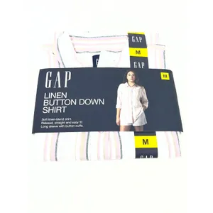 GAP‎ Linen Blend Button Down Shirt Women M Pink Tan Stripe Quiet Luxury Costal thumbnail 2