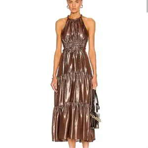 A.L.C. Elara Metallic Silk Halter Maxi Dress Bitter Chocolate 14 wedding guest thumbnail 4