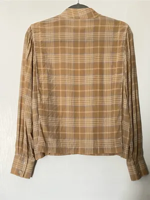 Wilfred Aritzia Henrietta Plaid Mock Neck Blouse Tan Brown thumbnail 3