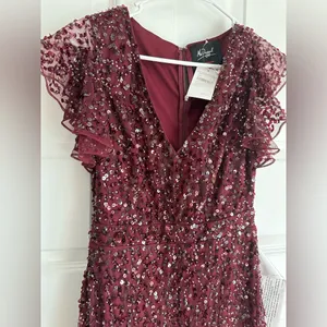 Mac Duggal Sequin V Neck Flutter Cap Sleeve Trumpet Dress Garnet‎ NWT thumbnail 5