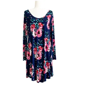 Dearcase Dress Blue Pink Floral Jersey Long Sleeve V-Neck Swing Dress Large NEW thumbnail 2