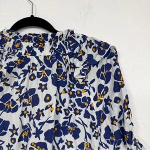 Cabellero Blue White Floral Silk Blend Blouse Womens L Puff Sleeve Boho Shirt thumbnail 8