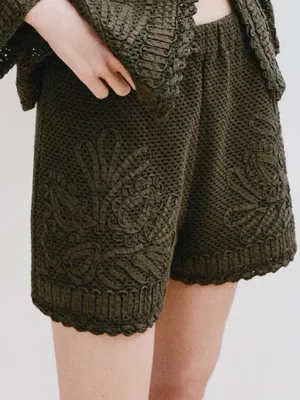 Zara NWT Crochet Lace Shorts in Olive Green - Women's thumbnail 3