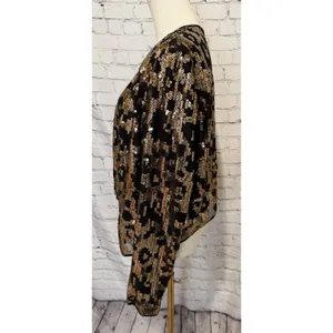 GUESS gold sequin black Open Leopard Print cardigan Size XL thumbnail 3