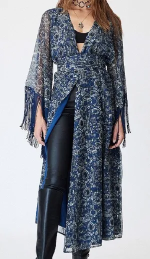 House of Harlow 1960 Blue Print Reska Fringe Sleeve Maxi Dress Sz L thumbnail 1