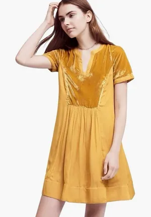 Anthropologie Maeve Ingrid Velvet Tunic Dress in Golden Yellow Size Medium thumbnail 1