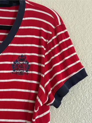 Lauren Ralph Lauren Striped Crest Henley Preppy T Shirt Dress Red Navy Size XL thumbnail 4