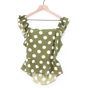 SHEIN Olive Green Polka Dot Ruffle Strap Peplum Top Back Tie Large L 8/10 thumbnail 2