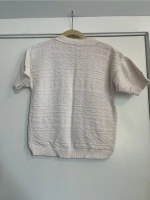 Vintage Cream off white Knit Short-Sleeve Sweater mock neck women’s small thumbnail 3
