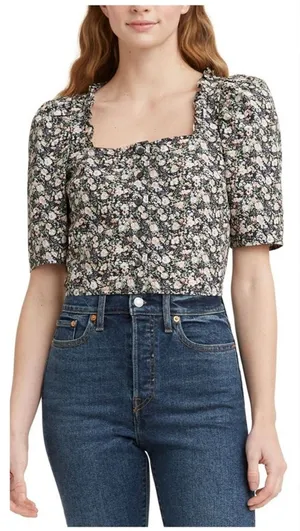 NEW Levi’s Square Neck Puff Sleeve Floral Crop Blouse 100% Cotton - Size XL thumbnail 1