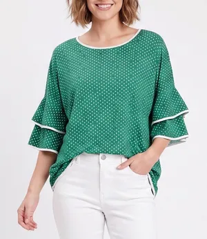 NY Collection Blouse Woman 2X Green Polka Dot Ruffle Sleeve Excellent thumbnail 1
