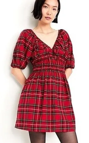 Old‎ Navy Tartan Plaid Mini Dress Womens Medium Red Smocked Puff Sleeve Holiday thumbnail 1