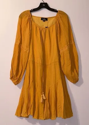 Lulus Mustard Yellow 100% Cotton Flowy/Gauzy Lightweight Mini Dress - Size M NWT thumbnail 1