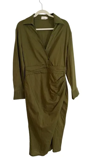 MODESEES Dress Olive M Womens Ruched Faux Wrap‎ Long Sleeve Midi Modest thumbnail 1