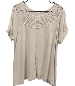 Maurices Oatmeal Macrame Neck Boho Short Sleeve Flowy Tunic Blouse Top Womens L thumbnail 1