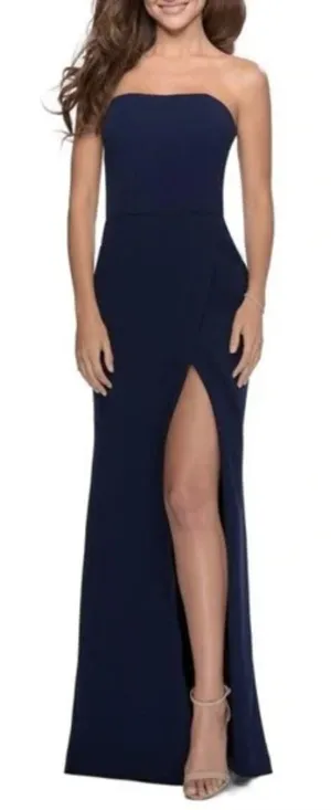 NWT La Femme 28835 Strapless Leg‎ Slit Double Strap Back in Navy Blue thumbnail 1