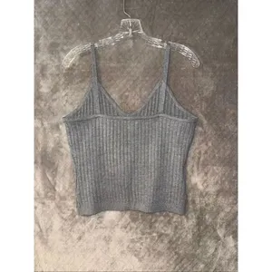 7 for all mankind grey ribbed stretchy v-neck semi crop tank Large #762 thumbnail 2