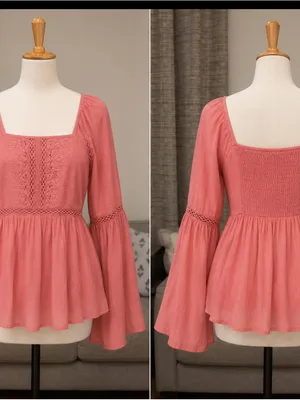 Red Camel Coral Square-Neck Peasant Blouse with Bell Sleeves thumbnail 3